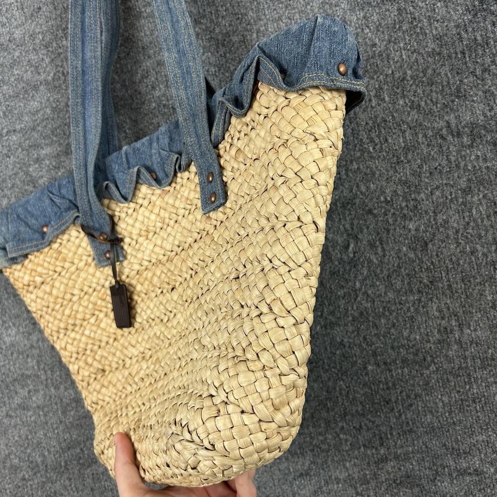 Vintage Ralph Lauren Straw Tote Bag Large Beige Denim Trim Beach Boho Summer - Picture 4 of 15